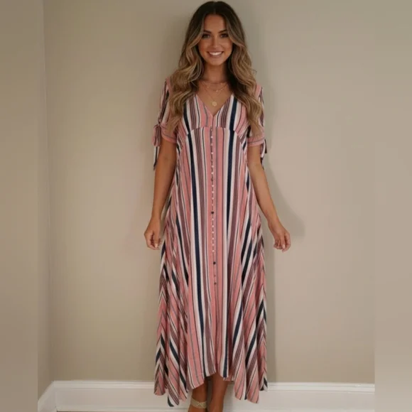 Umgee Striped Short Sleeve Midi Dress - NWT - Picture 1 of 5